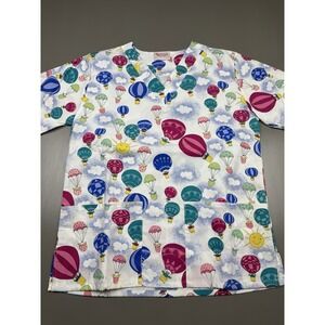 Fashion Women's Scrub Top Size X-Small Teddy Bear Hot Air Balloon Design